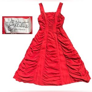 VTG 50s 60s MISS ELLIETTE Red Ruched Party Dress Retro Bombshell Cocktail MCM